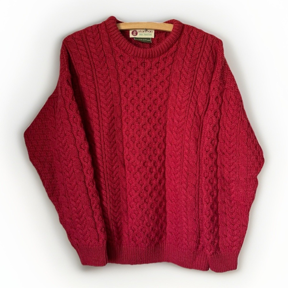 STANDUN Made in Ireland 100% Pure Wool Cable Knit Red Fisherman Sweater Size M